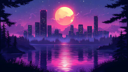 Sticker - Illustration of Cityscape at Night with Full Moon, Lake Reflection