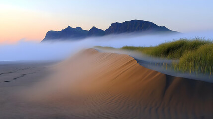 Canvas Print - Misty Sand Dune Landscape Photo - Dawn, Coast, Grass, Beach, Ocean, Fog, Nature, Mountain, Sunrise