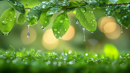 Wall Mural - Photo - Dew Drops on Green Leaves and Grass Background