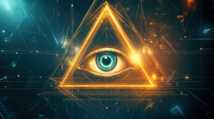 Poster - Glowing Eye Within Golden Triangle Surrounded by Digital Patterns