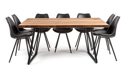 A wooden dining table with black chairs around it