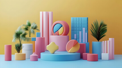 Poster - Colorful geometric shapes and plants create a vibrant, modern display against a yellow backdrop.