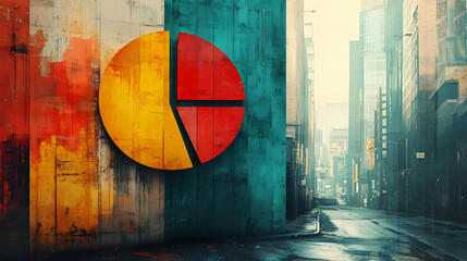 Poster - A vibrant urban scene featuring a colorful pie chart mural on a city wall.