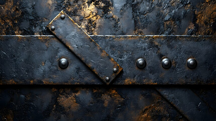Poster - A textured metal surface with rivets and a diagonal strap, suggesting industrial design.