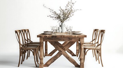 Wall Mural - A wooden dining table with a vase of flowers in the center