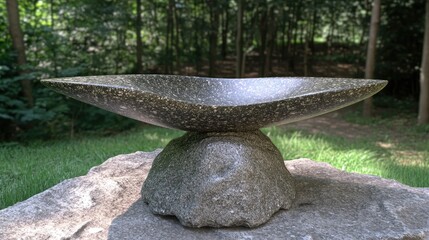 Canvas Print - A stone bowl resting on a rock pedestal, surrounded by greenery in a serene outdoor setting.