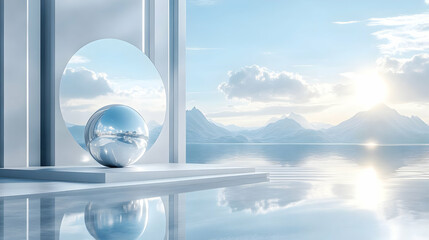 Poster - A serene landscape featuring a reflective sphere and a circular mirror against a tranquil backdrop.