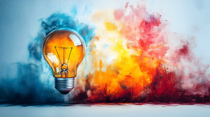 Poster - A glowing light bulb against a vibrant, colorful abstract background.