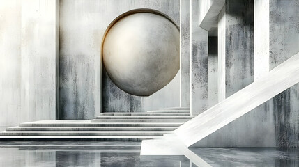 Poster - A modern, minimalistic interior featuring geometric shapes and a reflective surface.