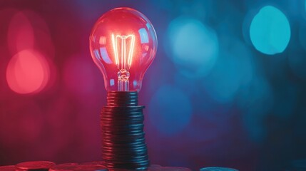 Poster - Bright Light Bulb on Stack of Coins with Colorful Background Glow