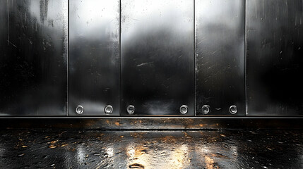 Poster - A metallic surface with reflections and dirt, suggesting an industrial environment.
