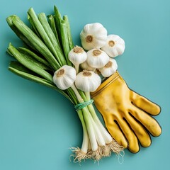 Wall Mural - Fresh garlic bulbs and green onions with gardening glove on blue background.