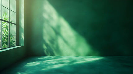 Poster - A serene green room with natural light and plants visible through a window.