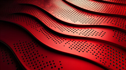 Poster - Abstract red surface with wave patterns and perforations, suggesting modern design aesthetics.