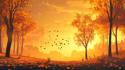Wall Mural - A golden sunset sky with silhouettes of autumn trees and scattered fallen leaves glowing under soft evening light 