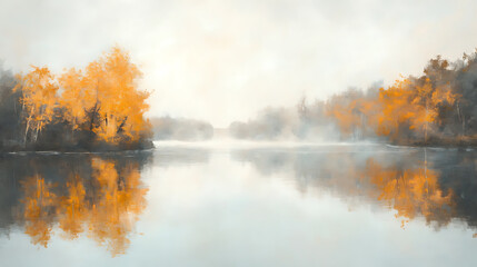 Wall Mural - A quiet lakeside view in autumn with fog rolling over calm water, golden trees reflected in the still surface, and soft light breaking through 
