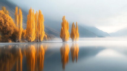 Wall Mural - A quiet lakeside view in autumn with fog rolling over calm water, golden trees reflected in the still surface, and soft light breaking through 