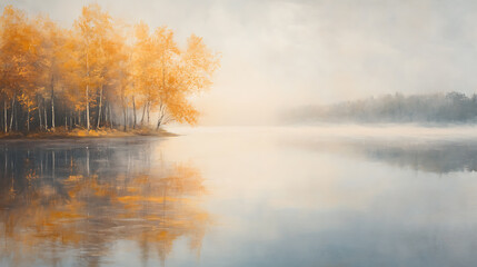 Wall Mural - A quiet lakeside view in autumn with fog rolling over calm water, golden trees reflected in the still surface, and soft light breaking through 