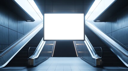 Canvas Print - Blank billboard between escalators in a modern subway station.