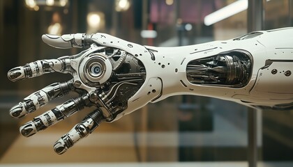 Poster - A close-up view of a futuristic robotic arm with intricate mechanical elements, showcasing advanced technology