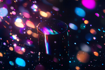 Canvas Print - Black background with colorful lights, light beams, blurry cinematic sparkling in the air, glitchcore, glowy iridescence bokeh sparkles. Festive light leak overlay