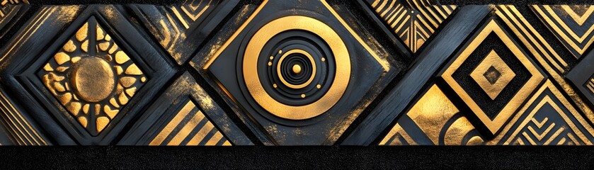 Poster - A detailed image showcasing intricate geometric patterns with black and gold hues, ideal for design projects, backgrounds, or artistic expressions.