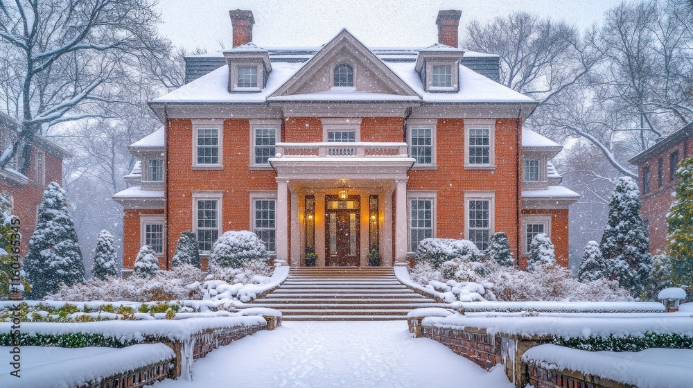Snow-covered brick mansion with grand entrance. Stock Photo | Adobe Stock