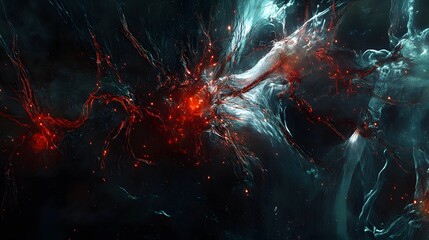 Poster - A mesmerizing abstract image featuring dark swirls and vibrant splashes of red and turquoise. Perfect for use in creative projects needing a touch of dynamic energy and intrigue.