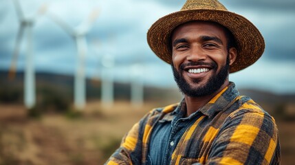 Wall Mural - a candid portrait of a smiling engineer man in a renewable energy setting, with wind turbines in the
