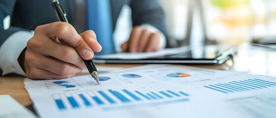 Poster - A professional analyzing business data using graphs and charts. This image showcases the importance of data interpretation in decision-making processes.