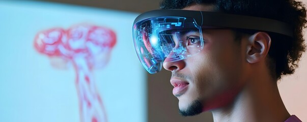 Poster - a young man wearing augmented reality glasses interacts with a holographic anatomical display, highl