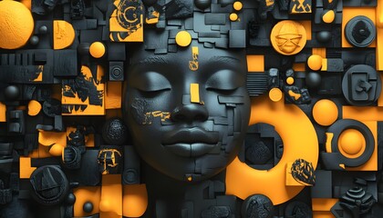 Poster - An artistic representation of a human face surrounded by intricate geometric designs and symbolic elements, showcasing vibrant black and orange colors that evoke emotion.