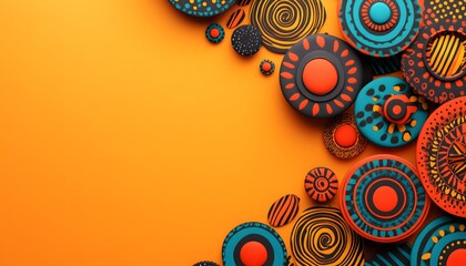 Poster - Vibrant abstract design featuring colorful circles with intricate patterns on a bright orange background