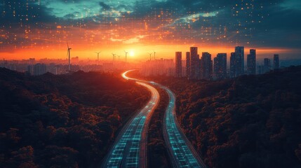 Poster - AI and machine learning in renewable energy, featuring wind turbines and solar panels integrated with futuristic AI visuals
