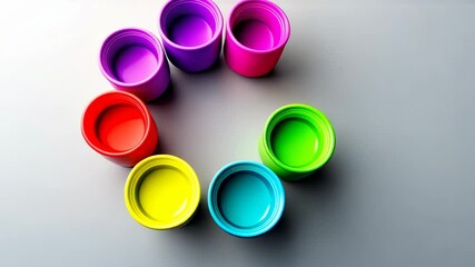 Poster - Colorful circle of bowls with different colors. The bowls are arranged in a circle and are of various sizes. Concept of creativity and playfulness, as the different colors