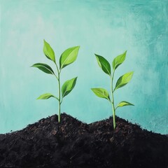 Poster - Two young green plants sprout from dark soil against a teal background.