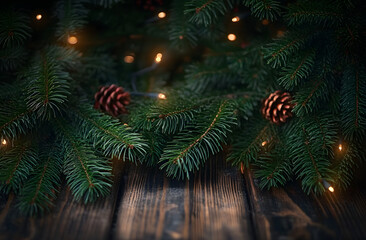 Wall Mural - beautiful christmas background with green fir tree brunch close up. copy space, trendy moody dark to