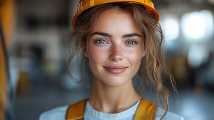 Poster - Beautiful female engineer in uniform and hard hat, smiling confidently at a construction site, on solid white background, single object