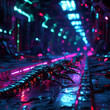 © Winnie - A cyberpunk city with glowing neon lights and metallic centipedes crawling along the glowing streets, detailed, futuristic, and dark atmosphere.