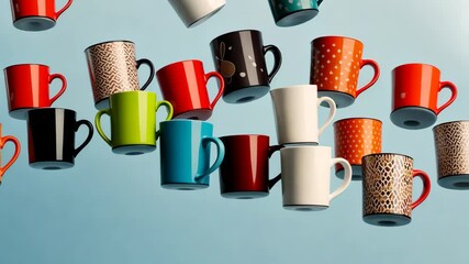 Poster - Collection of colorful coffee mugs are flying through the air. The mugs are of various sizes and colors, including red, yellow, green, and blue. Concept of fun and playfulness