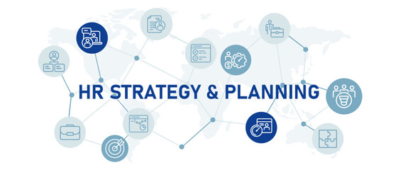 Poster - HR strategy and planning concept with icon set human resource management systematic data communication connection relation
