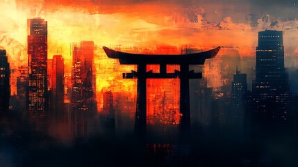 Canvas Print - Fiery sunset cityscape with torii gate.