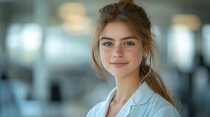 Poster - Young engineer woman smiling in a lab coat, showcasing her work in a modern, innovative environment, on solid white background, single object