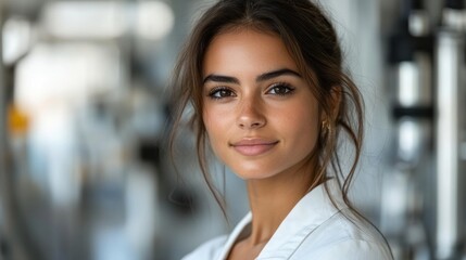 Poster - Young Indian woman in a biotech or technology environment, combining a professional look with cutting-edge aesthetics, on solid white background, single object