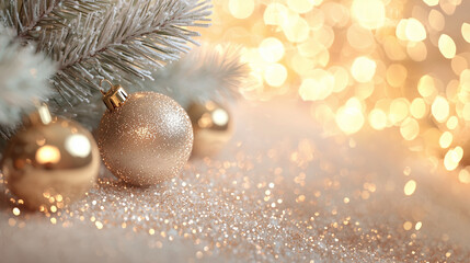 A side view of a Christmas tree with close-up details of glittering golden baubles and frosted pine needles, set against an abstract background of swirling golden light and soft bo