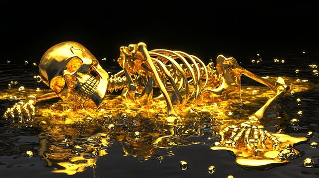 Golden Skeleton Submerged in Liquid Gold: A 3D Render of Death and Opulence
