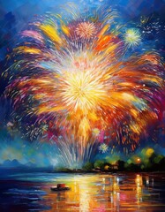 Wall Mural - abstract picture of a beautiful firework over the lake,oil paint artwork style