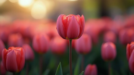 Wall Mural - Vibrant pink tulips bloom in a sunlit garden during springtime