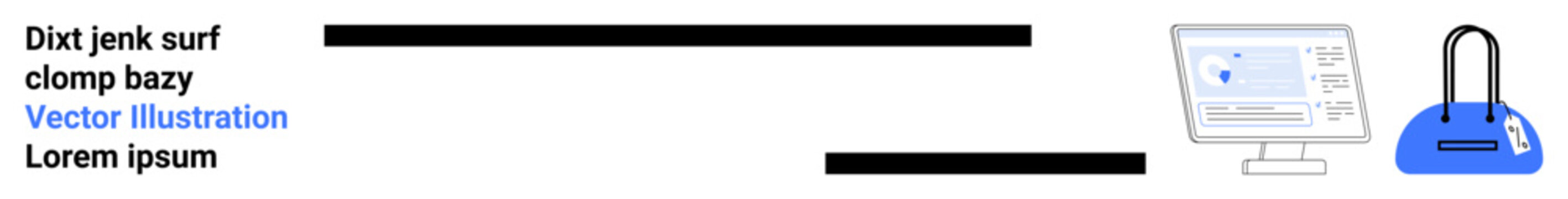 Text sections with placeholder text, computer monitor displaying a chart, and blue purse. Ideal for web design, e-commerce, digital marketing, financial reports, advertising, product features text