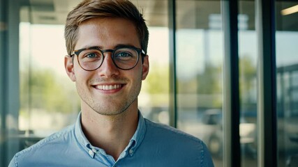 Wall Mural - Man wearing glasses and a blue shirt is smiling for the camera. Concept of confidence and positivity